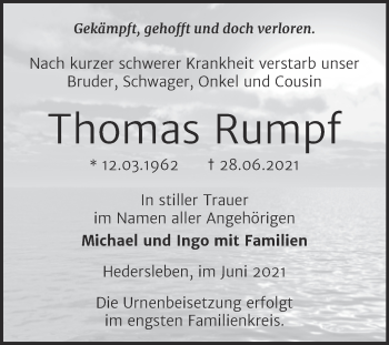 Traueranzeige von Thomas Rumpf von Trauerkombi Quedlinburg