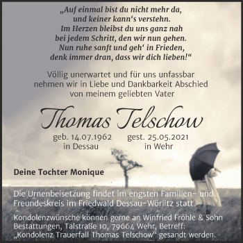 Traueranzeige von Thomas Telschow von Trauerkombi Dessau