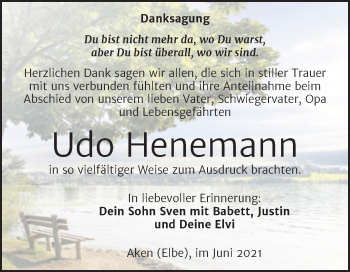 Traueranzeige von Udo Henemann von Trauerkombi Köthen