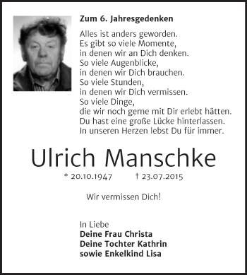 Traueranzeige von Ulrich Manschke von Trauerkombi Köthen
