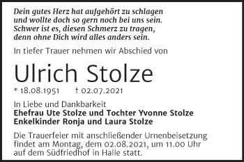 Traueranzeige von Ulrich Stolze von Mitteldeutsche Zeitung Halle/Saalkreis