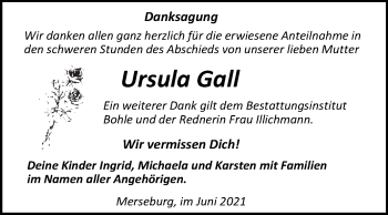 Traueranzeige von Ursula Gall von Trauerkombi Merseburg