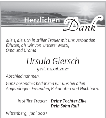 Traueranzeige von Ursula Giersch von Trauerkombi Wittenberg