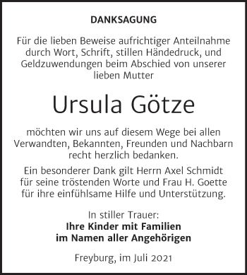 Traueranzeige von Ursula Götze von Wochenspiegel Naumburg/Nebra