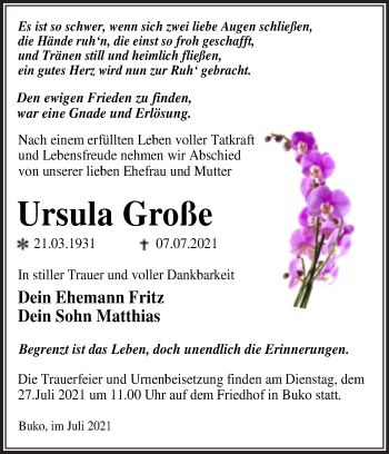 Traueranzeige von Ursula Große von Trauerkombi Wittenberg