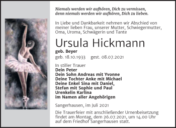 Traueranzeige von Ursula Hickmann von Trauerkombi Sangerhausen