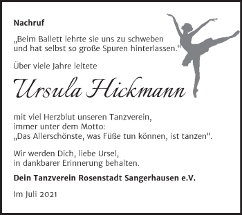 Traueranzeige von Ursula Hickmann von Wochenspiegel Sangerhausen