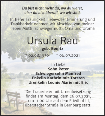 Traueranzeige von Ursula Rau von Trauerkombi Bernburg