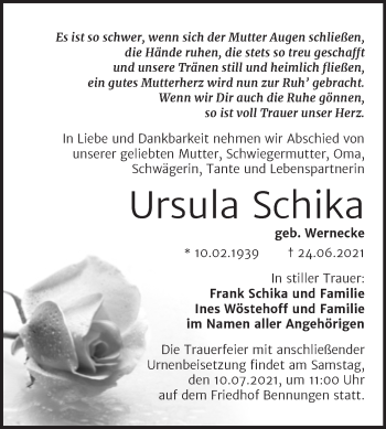 Traueranzeige von Ursula Schika von Mitteldeutsche Zeitung Sangerhausen