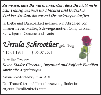 Traueranzeige von Ursula Schroether von Trauerkombi Aschersleben