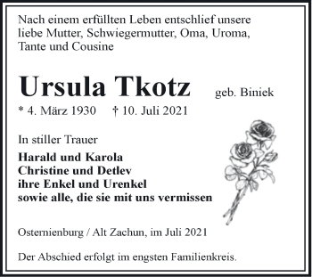 Traueranzeige von Ursula Tkotz von Mitteldeutsche Zeitung Köthen