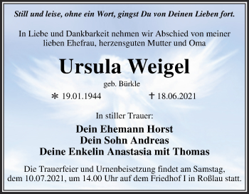 Traueranzeige von Ursula Weigel von Trauerkombi Dessau