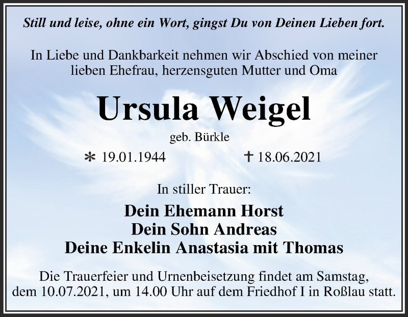  Traueranzeige für Ursula Weigel vom 03.07.2021 aus Trauerkombi Dessau