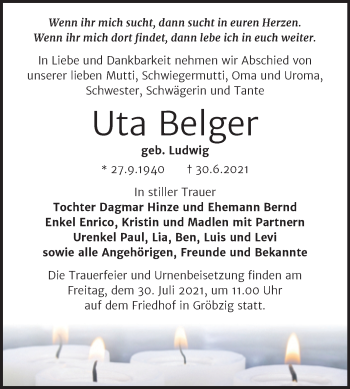 Traueranzeige von Uta Belger von Trauerkombi Köthen