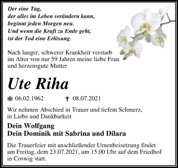 Traueranzeige von Ute Riha von Trauerkombi Wittenberg