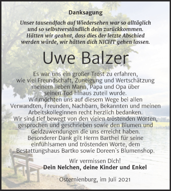 Traueranzeige von Uwe Balzer von Trauerkombi Köthen