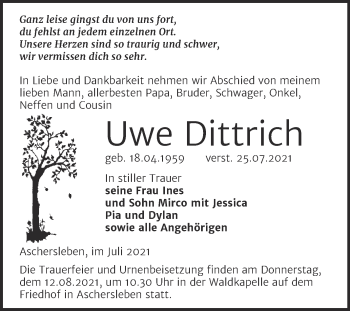 Traueranzeige von Uwe Dittrich von Trauerkombi Aschersleben