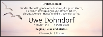 Traueranzeige von Uwe Dohndorf von Trauerkombi Bernburg