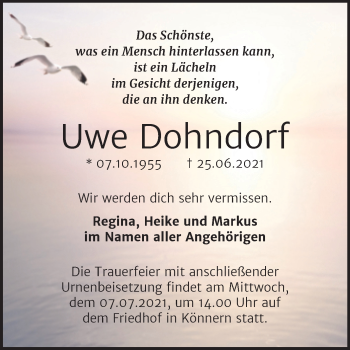 Traueranzeige von Uwe Dohndorf von Trauerkombi Bernburg