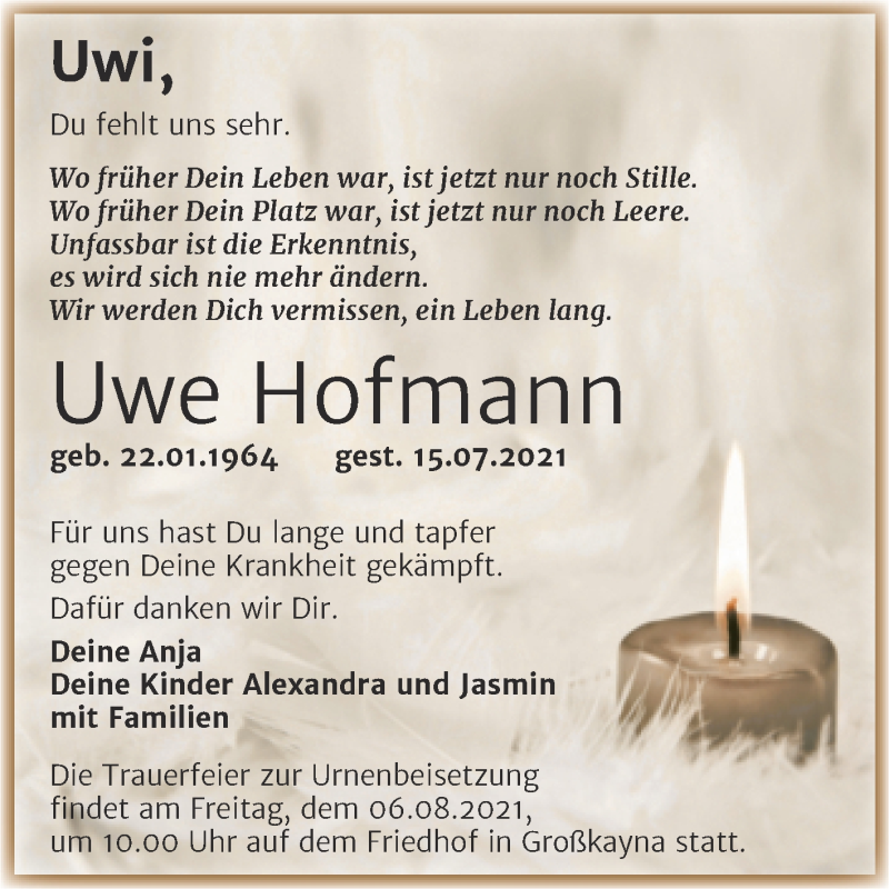  Traueranzeige für Uwe Hofmann vom 24.07.2021 aus Trauerkombi Merseburg