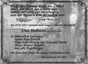 Traueranzeige von Uwe Hollstein von Trauerkombi Mansfelder Land