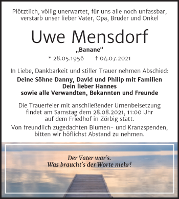 Traueranzeige von Uwe Mensdorf von Trauerkombi Bitterfeld