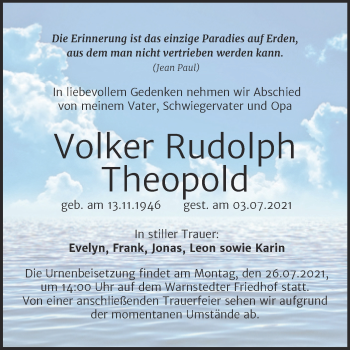 Traueranzeige von Volker Rudolph Theopold von Trauerkombi Quedlinburg