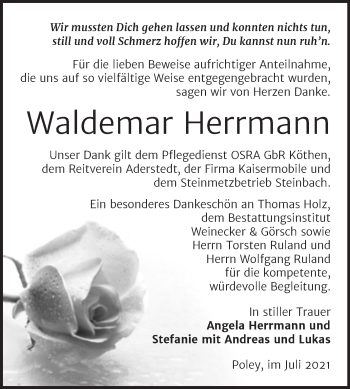 Traueranzeige von Waldemar Herrmann von Trauerkombi Bernburg