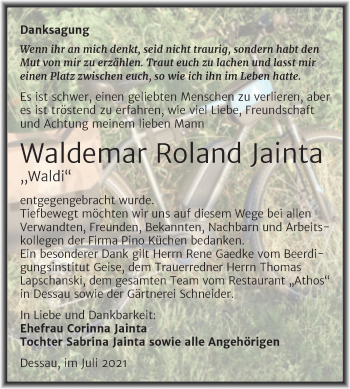 Traueranzeige von Waldemar Jainta von Trauerkombi Dessau