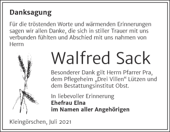 Traueranzeige von Walfred Sack von Trauerkombi Weißenfels