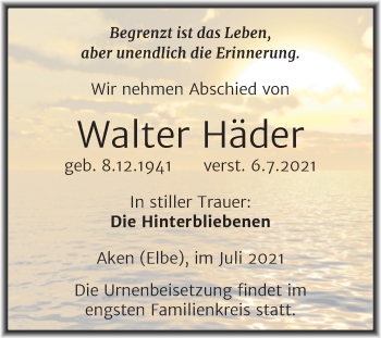 Traueranzeige von Walter Häder von Trauerkombi Köthen
