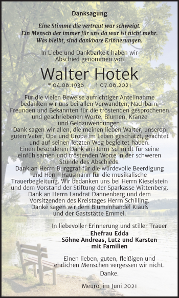 Traueranzeige von Walter Hotek von Trauerkombi Wittenberg