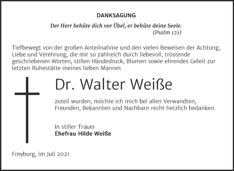  Traueranzeige für Walter Weiße vom 16.07.2021 aus Naumburger Tageblatt