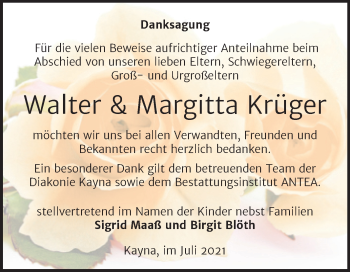 Traueranzeige von Walter und Margitta Krüger von Trauerkombi Zeitz