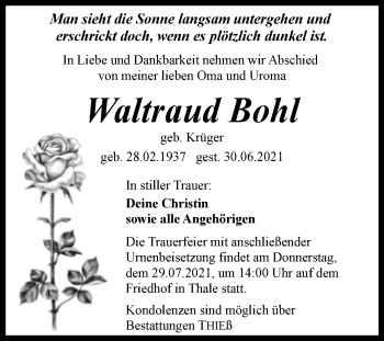 Traueranzeige von Waltraud Bohl von Trauerkombi Quedlinburg