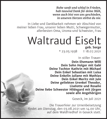 Traueranzeige von Waltraud Eiselt von Trauerkombi Weißenfels