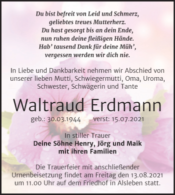 Traueranzeige von Waltraud Erdmann von Trauerkombi Bernburg