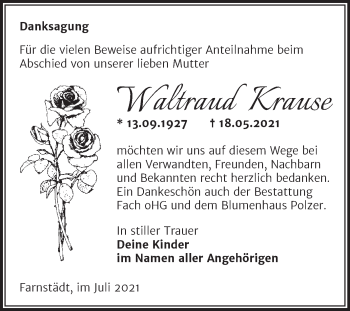 Traueranzeige von Waltraud Krause von Trauerkombi Merseburg