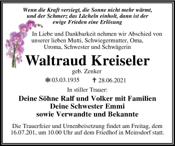 Traueranzeige von Waltraud Kreiseler von Trauerkombi Dessau
