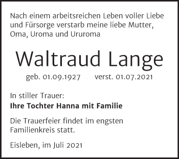 Traueranzeige von Waltraud Lange von Trauerkombi Mansfelder Land