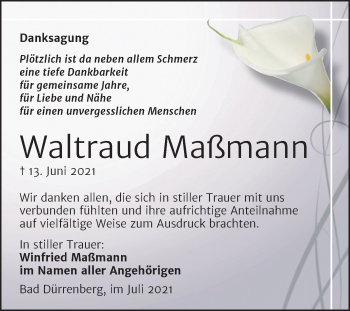 Traueranzeige von Waltraud Maßmann von Trauerkombi Merseburg