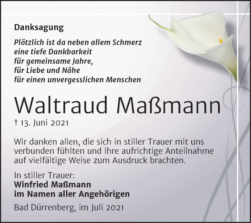  Traueranzeige für Waltraud Maßmann vom 10.07.2021 aus Trauerkombi Merseburg