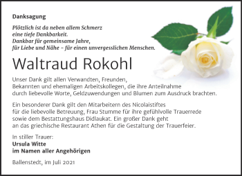 Traueranzeige von Waltraud Rokohl von Trauerkombi Quedlinburg