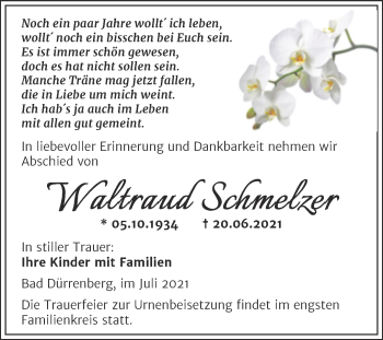 Traueranzeige von Waltraud Schmelzer von Trauerkombi Merseburg