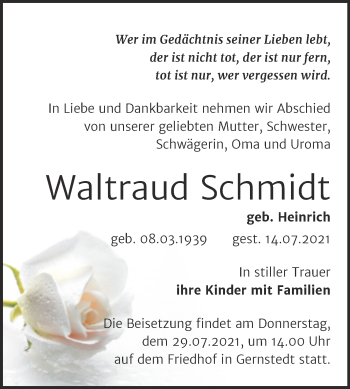 Traueranzeige von Waltraud Schmidt von Naumburger Tageblatt