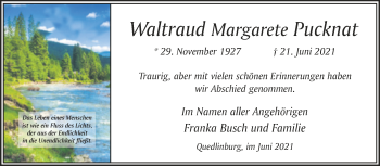 Traueranzeige von Waltraud Margarete Pucknat von Trauerkombi Quedlinburg