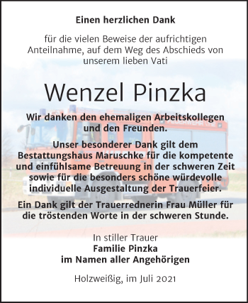 Traueranzeige von Wenzel Pinzka von Trauerkombi Bitterfeld