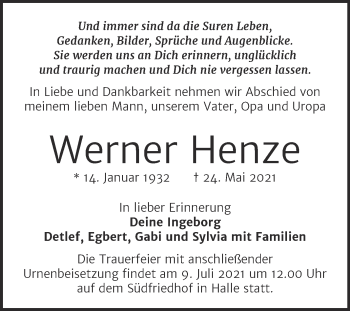Traueranzeige von Werner Henze von Mitteldeutsche Zeitung Halle/Saalkreis
