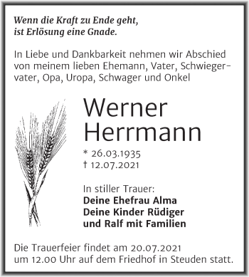 Traueranzeige von Werner Herrmann von Mitteldeutsche Zeitung Halle/Saalkreis