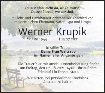 Traueranzeige von Werner Krupik von Trauerkombi Dessau